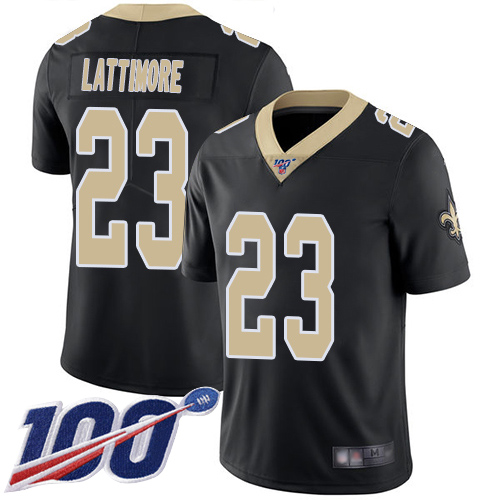 Saints #23 Marshon Lattimore Black Team Color Youth Stitched Football 100th Season Vapor Limited Jersey