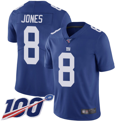 Giants #8 Daniel Jones Royal Blue Team Color Youth Stitched Football 100th Season Vapor Limited Jersey
