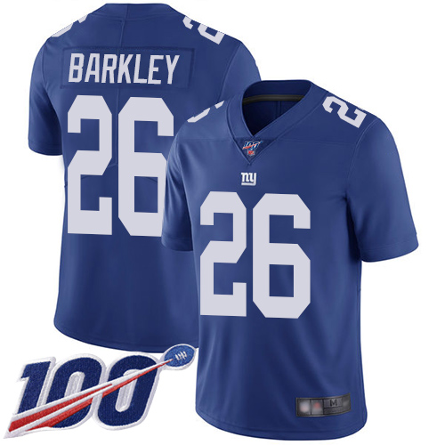 Giants #26 Saquon Barkley Royal Blue Team Color Youth Stitched Football 100th Season Vapor Limited Jersey