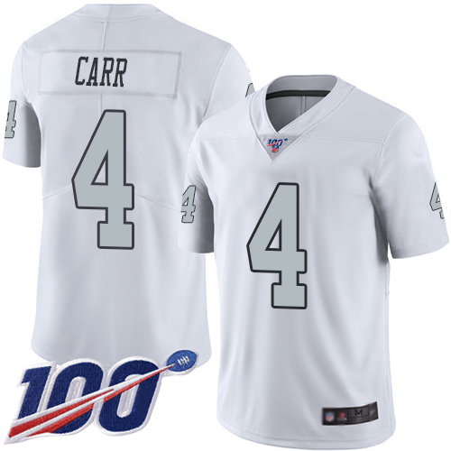 Raiders #4 Derek Carr White Youth Stitched Football Limited Rush 100th Season Jersey