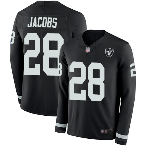 Nike Raiders #28 Josh Jacobs Black Team Color Youth Stitched NFL Limited Therma Long Sleeve Jersey