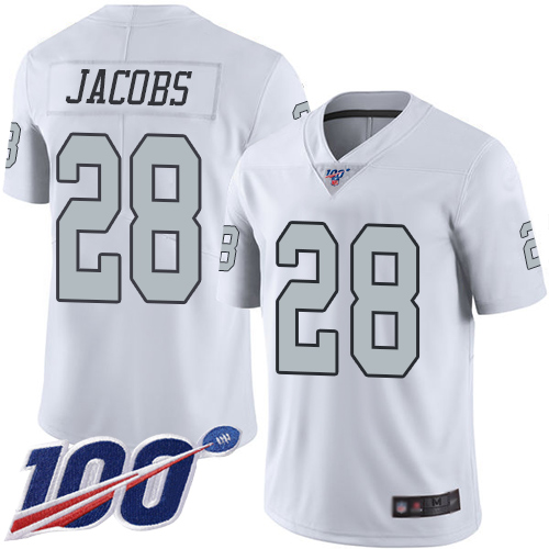 Raiders #28 Josh Jacobs White Youth Stitched Football Limited Rush 100th Season Jersey