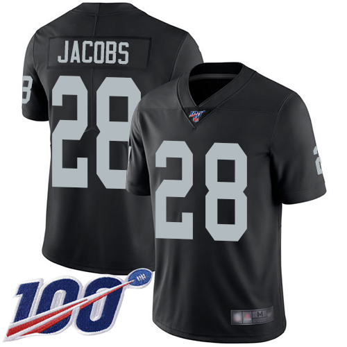 Raiders #28 Josh Jacobs Black Team Color Youth Stitched Football 100th Season Vapor Limited Jersey