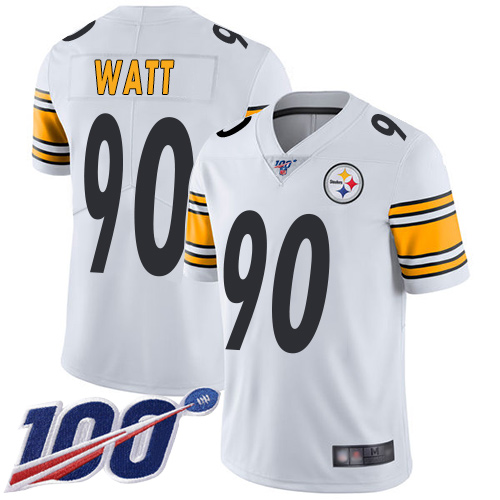 Steelers #90 T. J. Watt White Youth Stitched Football 100th Season Vapor Limited Jersey