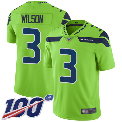 Seahawks #3 Russell Wilson Green Youth Stitched Football Limited Rush 100th Season Jersey