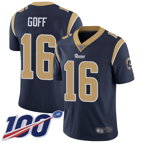 Rams #16 Jared Goff Navy Blue Team Color Youth Stitched Football 100th Season Vapor Limited Jersey