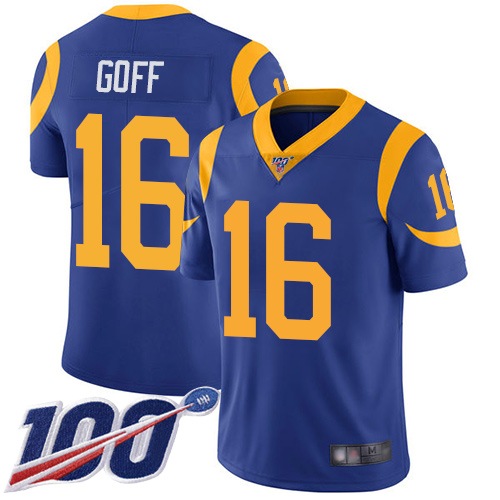 Rams #16 Jared Goff Royal Blue Alternate Youth Stitched Football 100th Season Vapor Limited Jersey