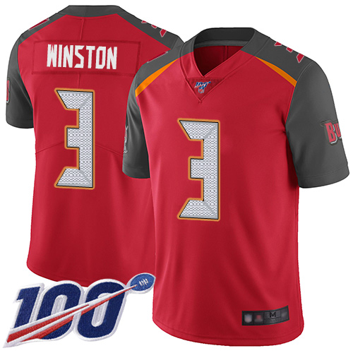 Buccaneers #3 Jameis Winston Red Team Color Youth Stitched Football 100th Season Vapor Limited Jersey
