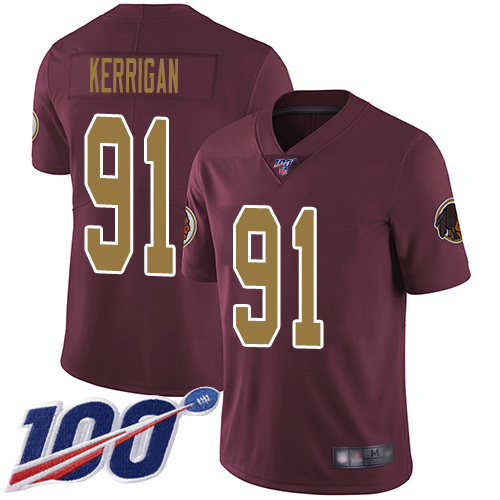 Redskins #91 Ryan Kerrigan Burgundy Red Alternate Youth Stitched Football 100th Season Vapor Limited Jersey