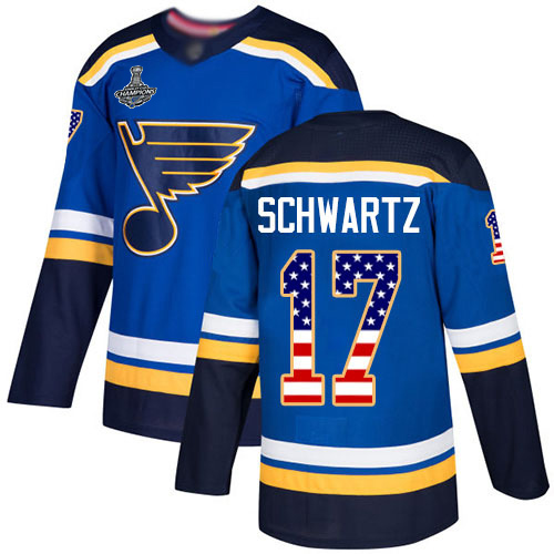 Blues #17 Jaden Schwartz Blue Home Authentic USA Flag Stanley Cup Champions Stitched Youth Hockey Jersey