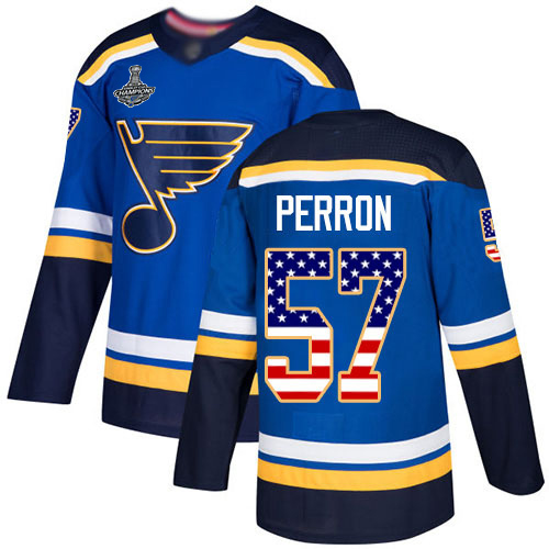 Blues #57 David Perron Blue Home Authentic USA Flag Stanley Cup Champions Stitched Youth Hockey Jersey